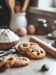Poster - Freshly baked chocolate chip cookies on a kitchen countertop adorned with baking ingredients and utensils. Generative AI