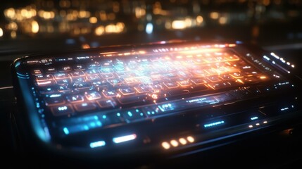 Futuristic glowing holographic keyboard with blue and orange lights displaying digital interface, technology concept for innovation, software development, modern workspace ambiance, dark background