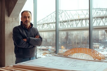Leinwandbilder - Civil engineer presents detailed bridge model in urban construction site with clear skyline. Generative AI