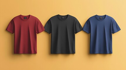 Wall Mural - Three t-shirts in red, black, and blue displayed against a yellow background.