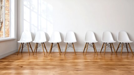 Wall Mural - A row of six modern white chairs with wooden legs is positioned against a gray wall. Natural light filters through a window, creating delicate shadows across the floor and chairs