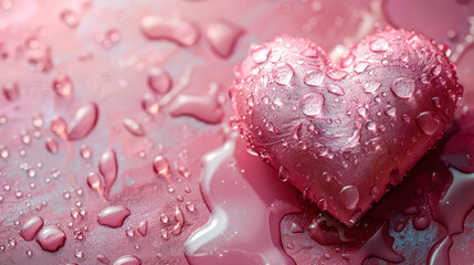 Wall Mural - heart is sitting on a wet surface, surrounded by water droplets. concept of love and tenderness, as 