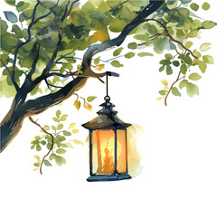 Canvas Print - A watercolor vector of a small glowing lantern hanging from a tree, isolated on a white background. Lantern vector.
