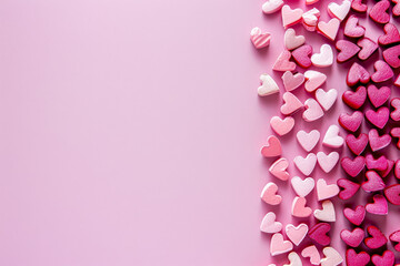 Wall Mural - pink background with a row of hearts on it. the hearts are of different sizes and are scattered acro