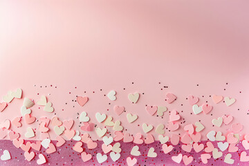 Wall Mural - pink background with a row of hearts on it. the hearts are of different sizes and are scattered acro