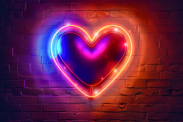 Wall Mural - neon heart is lit up on a brick wall. the heart is purple and pink, and it is glowing brightly. the 
