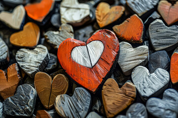 Wall Mural - heart made of wood is surrounded by other hearts. the heart is broken and has a rough texture. scene
