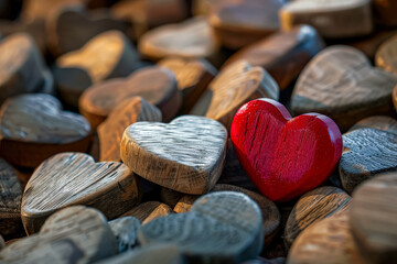 Wall Mural - pile of wooden hearts with a red heart in the middle. the red heart is surrounded by other hearts, c