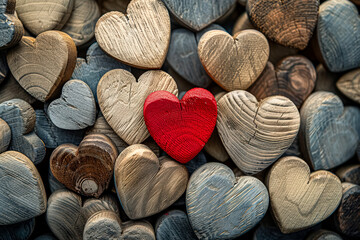Wall Mural - pile of wooden hearts with a red heart in the middle. the red heart is surrounded by other hearts, c