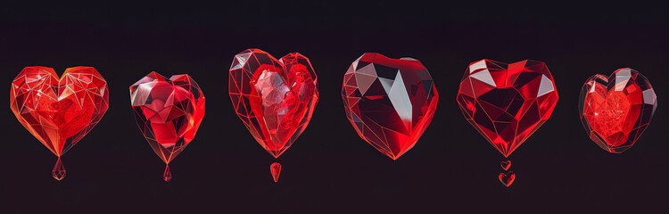 Wall Mural - row of red hearts are shown in a black background. the hearts are all different sizes and are arrang