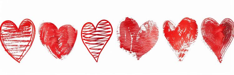 Wall Mural - row of hearts with a white background. the hearts are all different sizes and are drawn in red