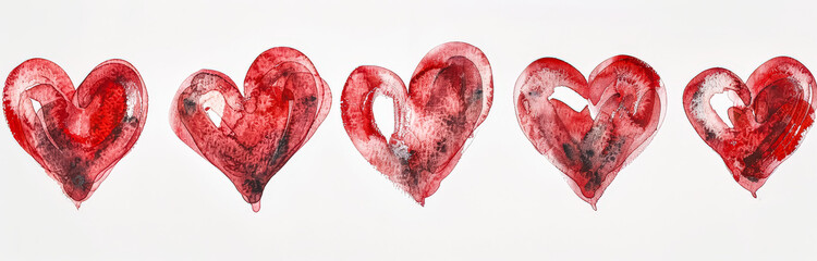 Wall Mural - row of hearts with a white background. the hearts are all different sizes and are drawn in red