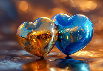 Wall Mural - blue heart is surrounded by a group of gold and blue balls. the heart is the main focus of the image