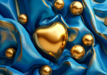 Wall Mural - blue fabric with gold balls on it. the gold balls are arranged in a way that they form a heart shape