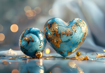 Wall Mural - blue heart is surrounded by a group of gold and blue balls. the heart is the main focus of the image