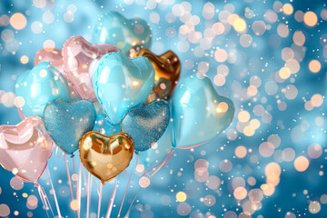 Wall Mural - bunch of balloons with hearts on them are floating in the air. the balloons are of different colors 