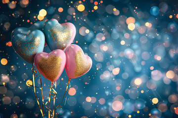 Wall Mural - bunch of balloons with hearts on them are floating in the air. the balloons are of different colors 