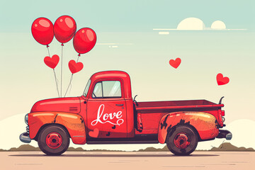 Wall Mural - red truck is filled with red balloons and hearts. the truck is a symbol of love and affection, and t
