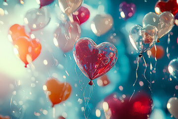Wall Mural - bunch of balloons with hearts on them are floating in the air. the balloons are of different colors 
