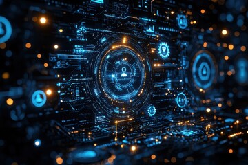 Wall Mural - futuristic digital interface with glowing blue and orange technological circuits