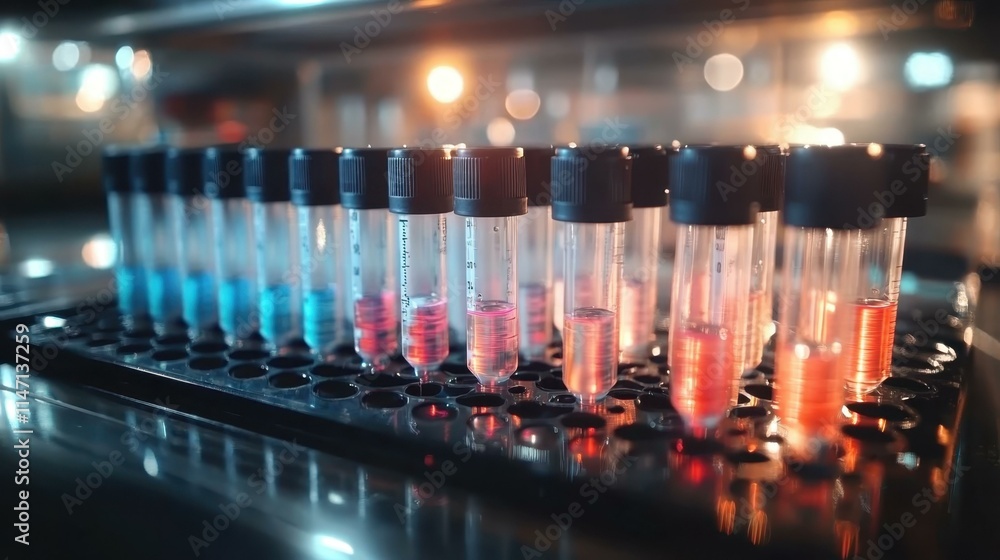 Blue and red liquid-filled test tubes in black rack for scientific ...