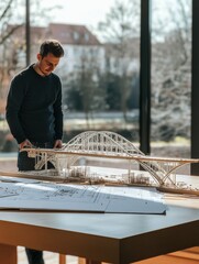 Aufkleber - Civil engineer inspects detailed bridge model illustrating innovative design and structural integrity in a bright workspace. Generative AI