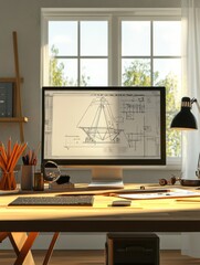Leinwandbilder - Modern engineering desk setup with technical drawings and workspace organization during daylight hours. Generative AI