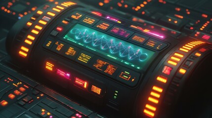 Futuristic glowing control panel with vibrant neon buttons and digital display, high-tech sci-fi interface for technology, gaming, dashboard, or cyberpunk themes, dark ambient background with colorfu