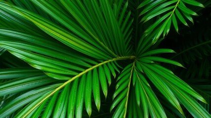 Wall Mural - Close up of a vibrant palm leaf texture, showcasing its natural tropical green hues, natural, tropical vegetation, foliage