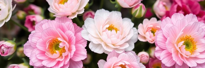 Wall Mural - Close up of beautiful pink and white ranunculus flowers in full bloom, botanical, blooms