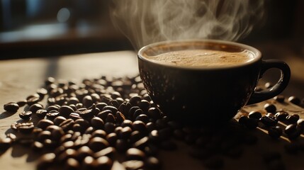 Leinwandbilder - Warm coffee cup surrounded by scattered coffee beans in a cozy setting. Generative AI