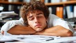 © Premium Illustration - Young man with curly brown hair sleeping on desk, resting head on folded arms, feeling tired or exhausted, studying or working environment, blurred books and papers in background, peaceful mood, indo