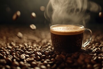 Leinwandbilder - Close up of a steaming cup of coffee surrounded by coffee beans during a cozy morning moment. Generative AI