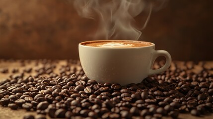 Leinwandbilder - Close up of a steaming cup of coffee surrounded by roasted coffee beans on a wooden surface in a cozy setting. Generative AI