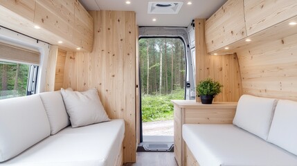 Canvas Print - Cozy wooden camper van interior with open door revealing forest view.