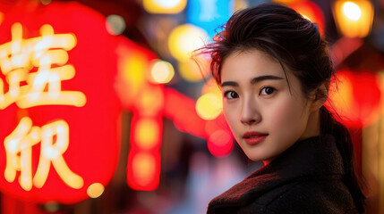 Wall Mural - A stunning night portrait captures a woman illuminated by a red sign, with vibrant city lights blending seamlessly around her.