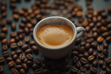 Leinwandbilder - Close up of a cup of coffee surrounded by roasted beans on a dark surface creating a rich and inviting atmosphere. Generative AI