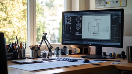 Leinwandbilder - Modern engineering desk workspace with computer display and organized tools in a bright office environment. Generative AI