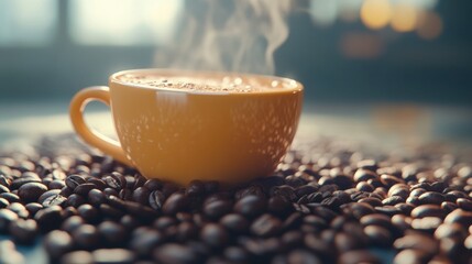 Leinwandbilder - Delicious cup of steaming coffee surrounded by fresh roasted coffee beans in a cozy setting. Generative AI