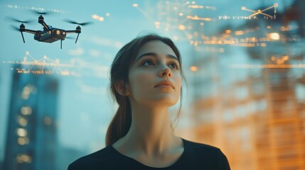 Fototapete - Automated drones flying over urban areas for delivery and monitoring purposes. Generative AI