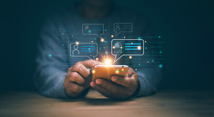 Poster - Futuristic technology transformation, Chat with AI or Artificial Intelligence technology. Businessman using smartphone for chatting online with AI or chatbot. Online automation chatbot.