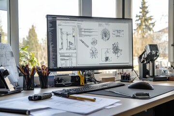 Aufkleber - Modern engineering desk setup with detailed plans, stationery, and bright natural light from the window. Generative AI