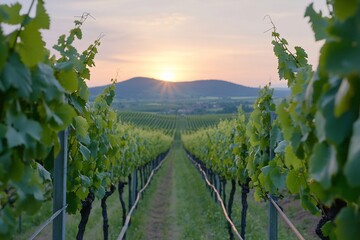 Wall Mural - A serene vineyard at sunset, showcasing rows of grapevines.