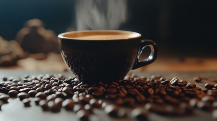 Leinwandbilder - Enjoy a rich close up of freshly brewed coffee with aromatic steam in a cozy ambiance and tantalizing coffee beans scattered around. Generative AI