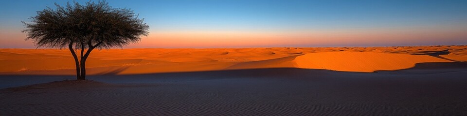 Canvas Print - Stunning Sahara Desert Panorama at Sunset: Solitary Tree, Golden Sand Dunes, Vibrant Sky, Tranquil Evening Glow, Captivating Landscape, Colorful Horizon