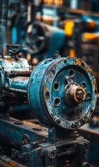 Close-up of rusty, blue industrial machinery component.