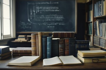 Aufkleber - Exploring knowledge among books and notebooks on a desk with ample copy space and a chalkboard backdrop. Generative AI