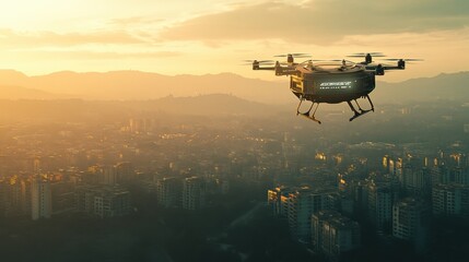 Fototapete - Automated AI drones soaring above a cityscape at sunset for delivery and monitoring tasks. Generative AI