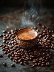 Leinwandbilder - Close up view of a steaming cup of coffee surrounded by aromatic coffee beans on a textured surface. Generative AI