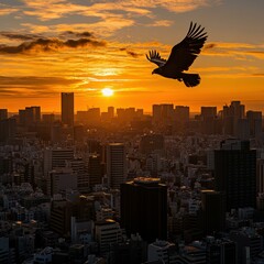 Wall Mural - Sunrise cityscape with a bird in flight. AI.